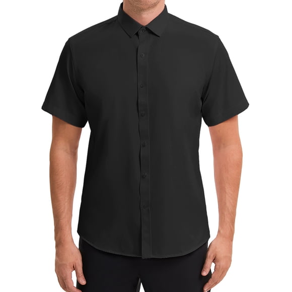 INSPIRE CHIC Mens Short Sleeve Dress Shirts Stretch Lightweight Business Solid Formal Button Down Shirts L Black