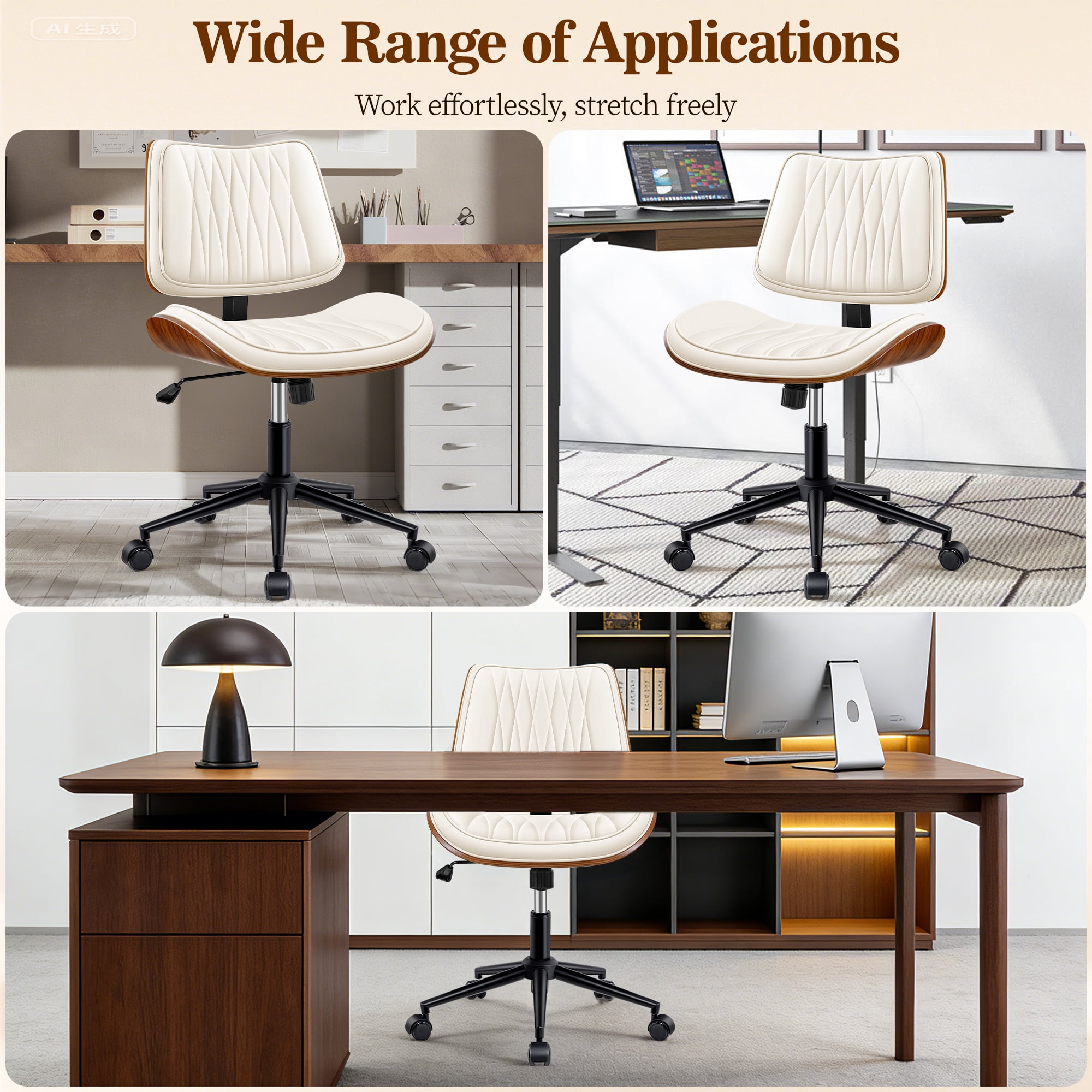 COOLHUT Home Office Chair, Armless Adjustable Height Small Office Desk Chair, PU Leather Swivel Computer Chair, Modern Walnut Bentwood Chair for Office, Reading, Makeup Vanity, Creamy White
