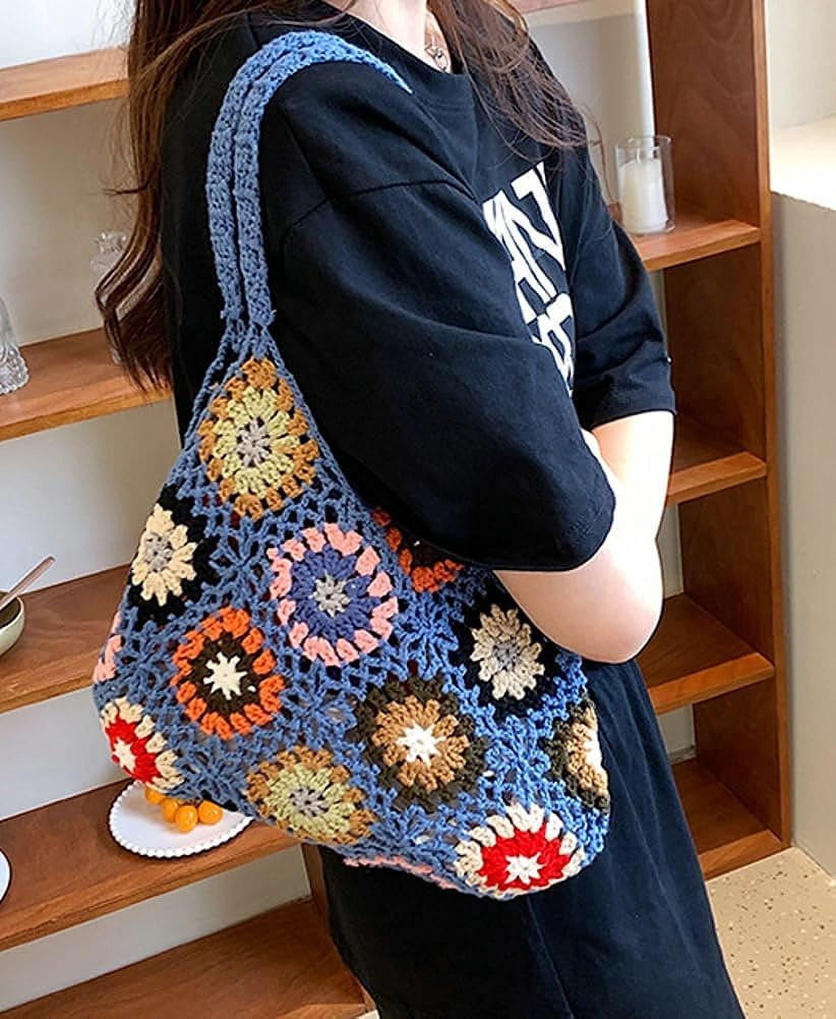Kukuzhu Cute Floral Knitted Shoulder Bag Women Fairy Y2k Hobo Bag Crochet Small Hand Woven Beach Mesh Tote Purse