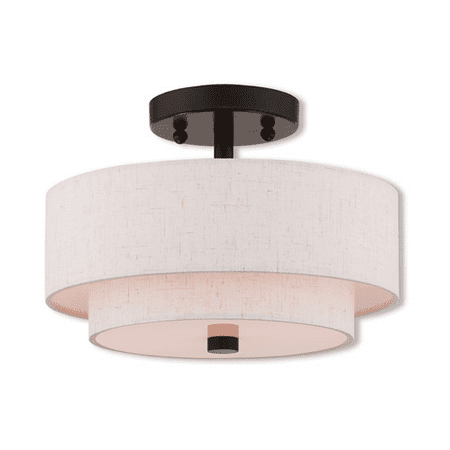 

Semi Flush 2 Light With English Bronze Hand Crafted Oatmeal Color Fabric Outside & White Fabric Inside Hardback 11 inches 80 Watts - World of Crystal