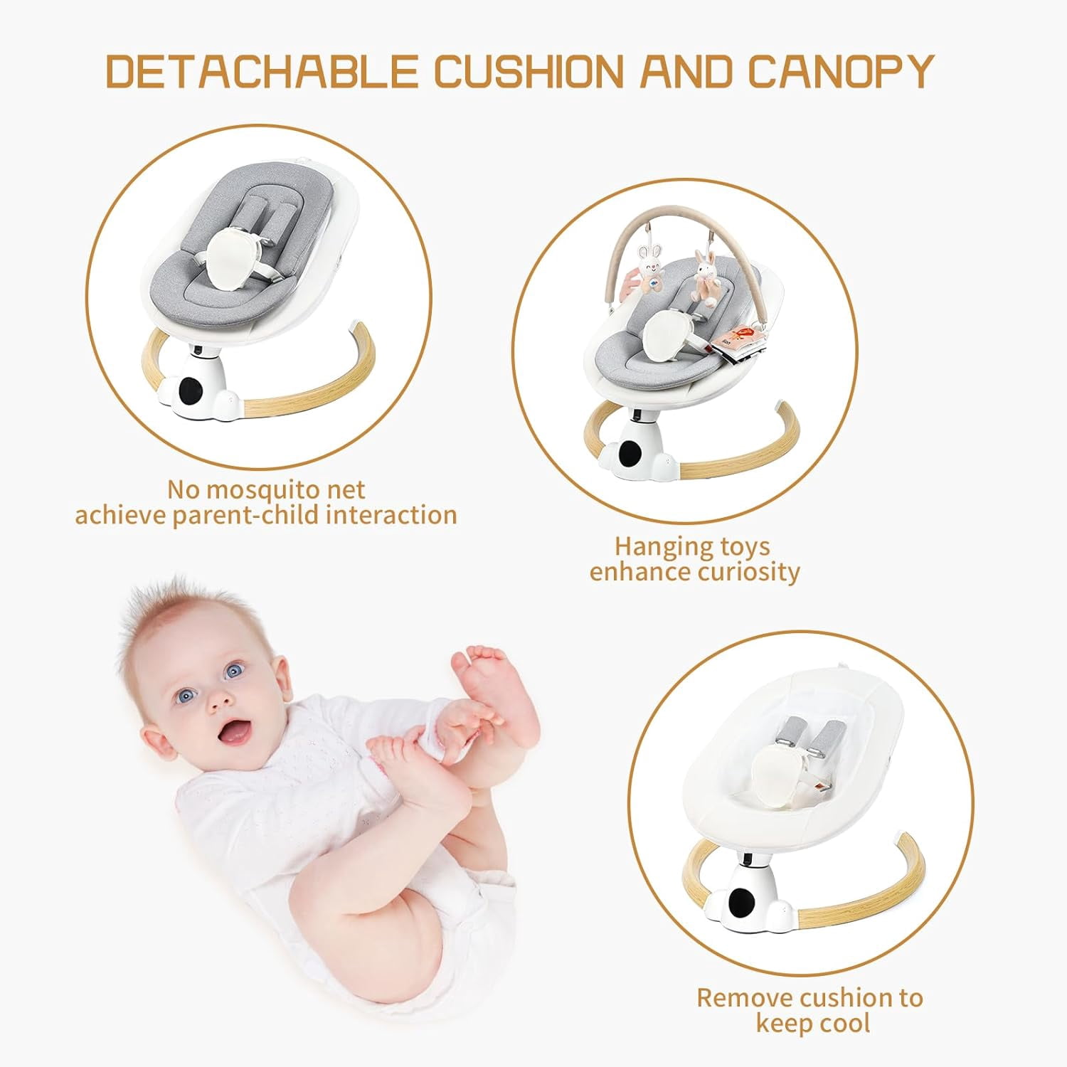 PRVAETU Electric Baby Swing for Infant Newborn W/ 5 Speed,10 Lullabies,5-Point Harness,Detachable Cushion & Canopy,Remote Control & Touch Panel,Beige