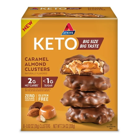 Atkins Keto Treats, Caramel Almond Clusters, Keto Desserts, Low Sugar and Low Carb Snacks, Good Source of Fiber, 8 Count