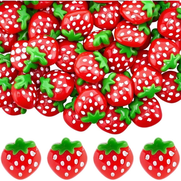 60Pcs Strawberry Flatback Charms Resin Craft Embellishments 3D Red Fruit Food Small Kawaii Decoden Cabochons Accessories for Jewelry Nail Art Hair Clips Scrapbook Phone Cases DIY Decoration