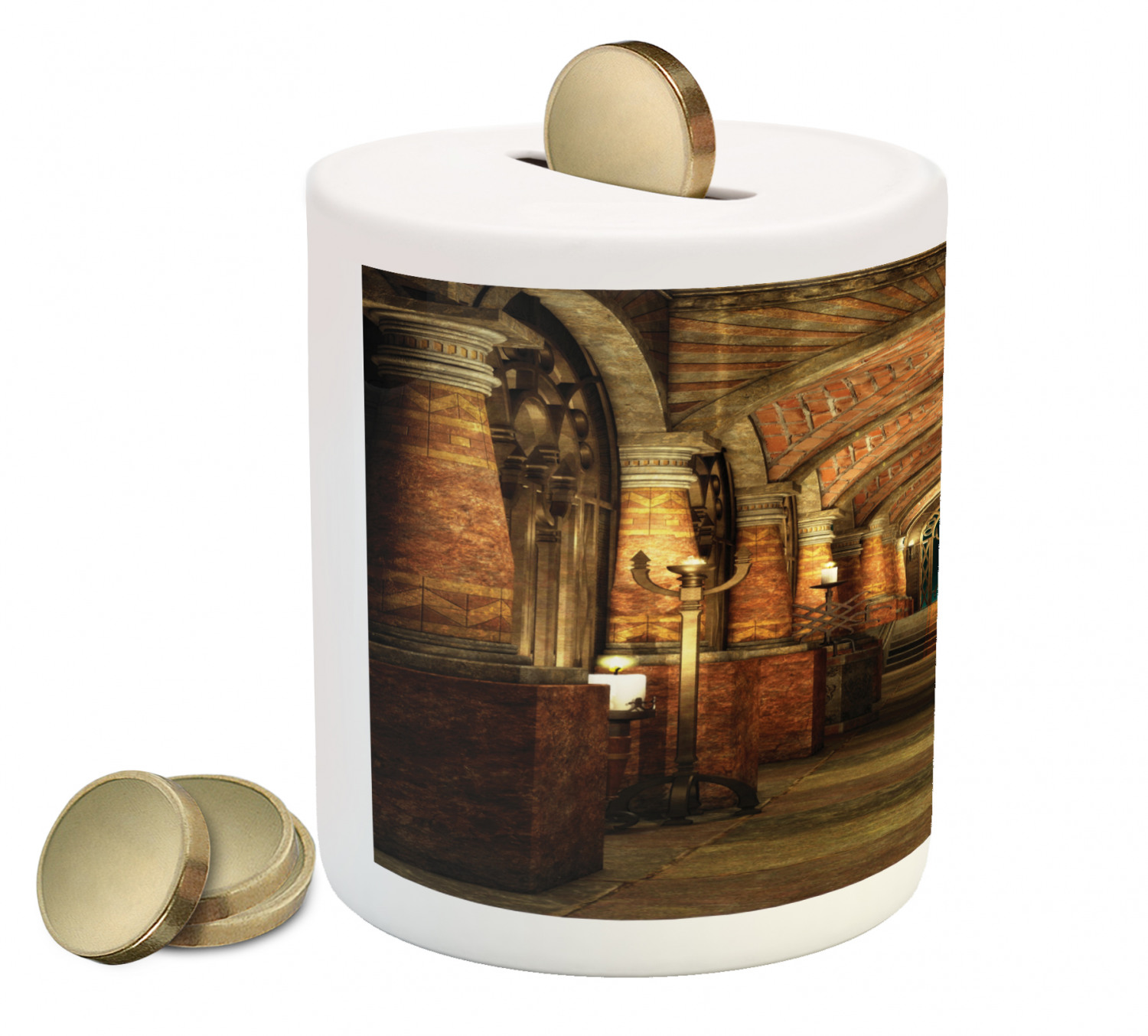 Gothic Piggy Bank, Passage Stairways Secret Gateway Pillars Medieval Building Theme, Ceramic Coin Bank Money Box for Cash Saving, 3.6" X 3.2", Brown and Red, by Ambesonne - image 2 of 4