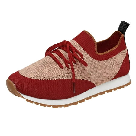 Fauean Shoes for Women Sneakers Ladies Fashion Color Blocking Shoes Flat Bottomed Sneakers Red Size 40