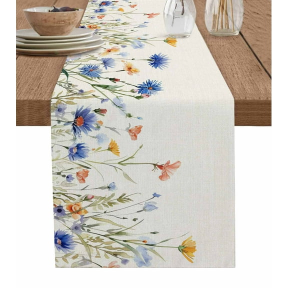Blue Yellow Pink Spring Floral Burlap-Cotton Table Runner 36 Inches Long,Watercolor Summer Botanical Rustic Farmhouse Table Runners,Outdoor Dining Tablecloths for Baby Shower Party Wedding 13x36