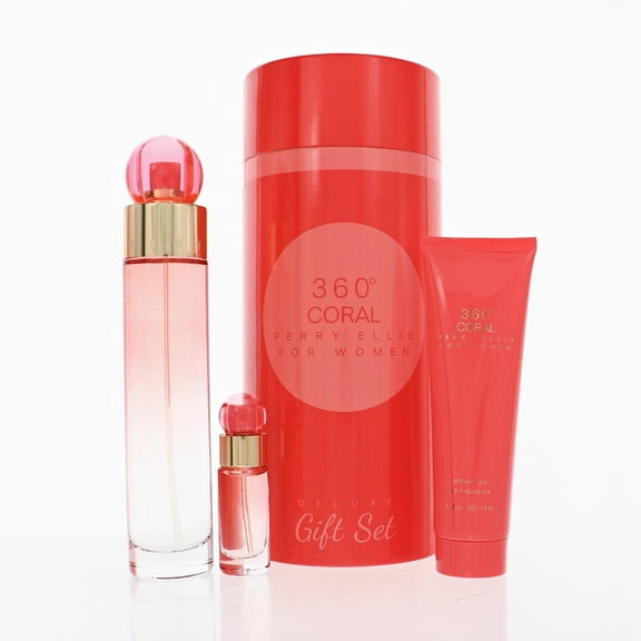 Perry Ellis 360 Coral , 3 Pc Gift Set 3.4oz EDP Spray, 0.25 EDP Spray (Mini), 3oz Shower Gel