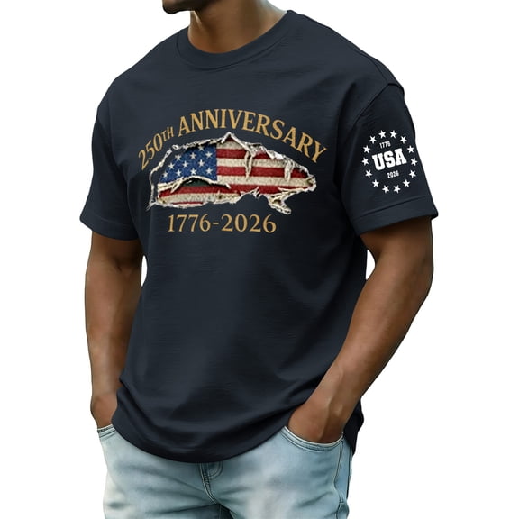 Zimjoy Men's 4th of July Patriotic T-Shirt 1776-2026 American Flag Print Short Sleeve Crew Neck Tee with USA 2026 Sleeve for Independence Day 250th Anniversary Navy L