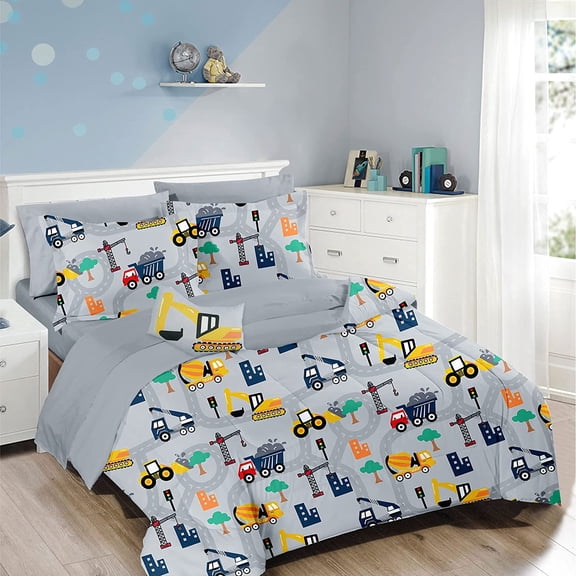 Viviland Bed in a Bag for Kids Boys Teens, 8 Pieces Full Size Comforter Bed Set with Shams, Sheet Set and Decorative Toy Pillow, Excavator Super Soft Microfiber Kids Comforter Bedding Set