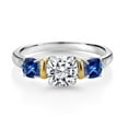 thumbnail image 2 of 2.72 Cttw 925 Silver & 10K Yellow Gold IGI Certified Lab Grown Diamond and Created Sapphire 3 Stone Ring for Women | 1 Ct Center Cushion Cut Diamond | D-E Color VS1-VS2 Clarity (Size 6), 2 of 4