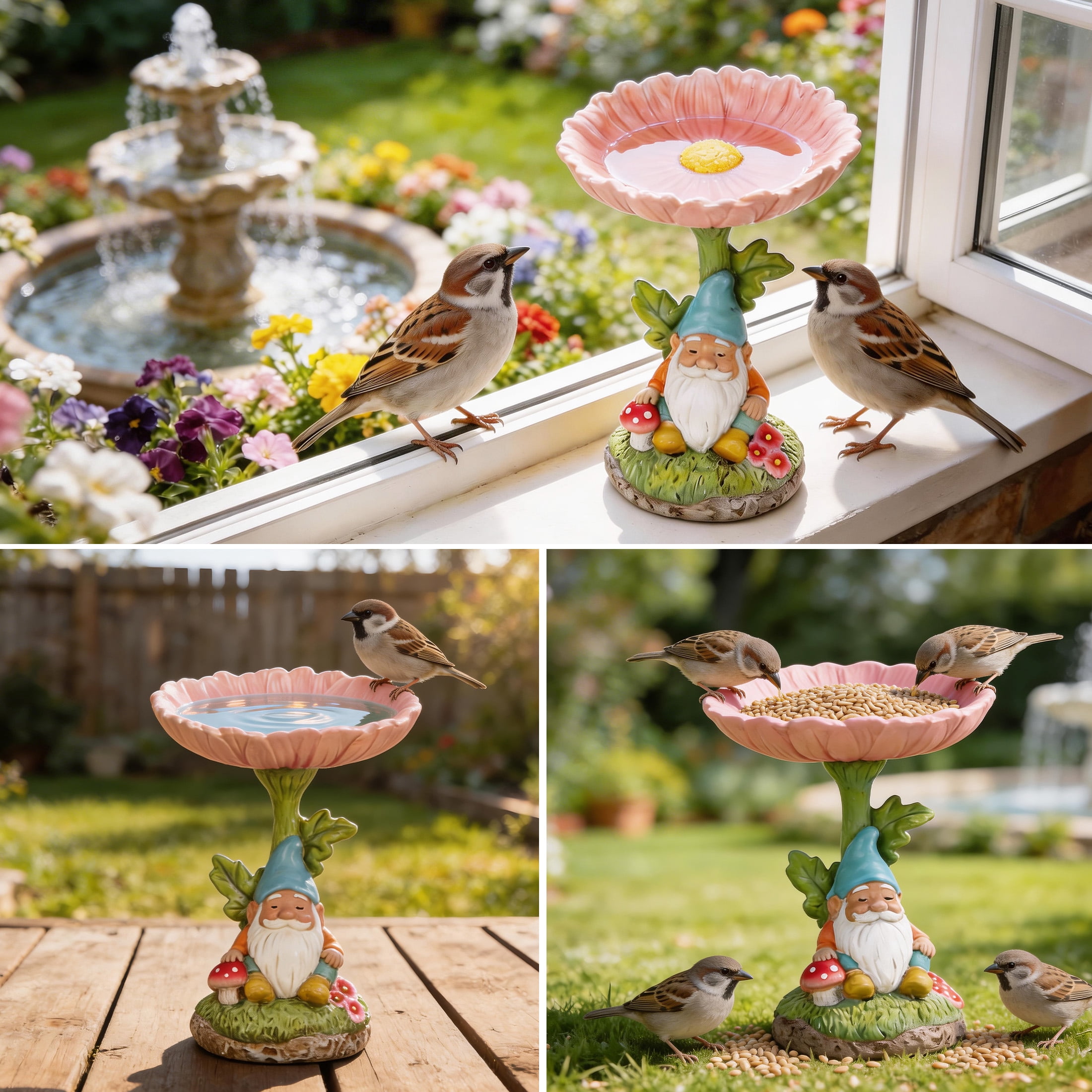 The Growing Ground Daisy Gnome Bird Feeder Garden Statue, Outdoor Garden Decor with Flower Bowl for Bird Seed and Water, Pink