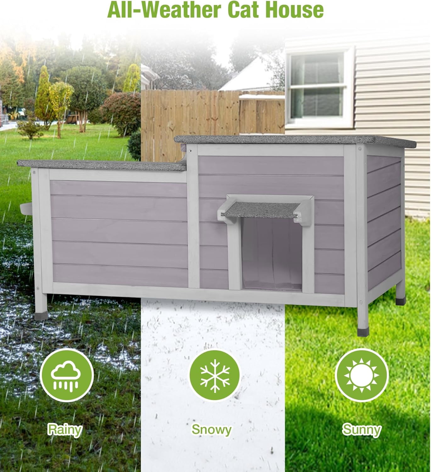 MEDEHOO Outdoor Cat House Weatherproof, Large Cat Shelter with Openable Roofs, Feral Kitty Shelter with Elevated Base, PVC Curtain