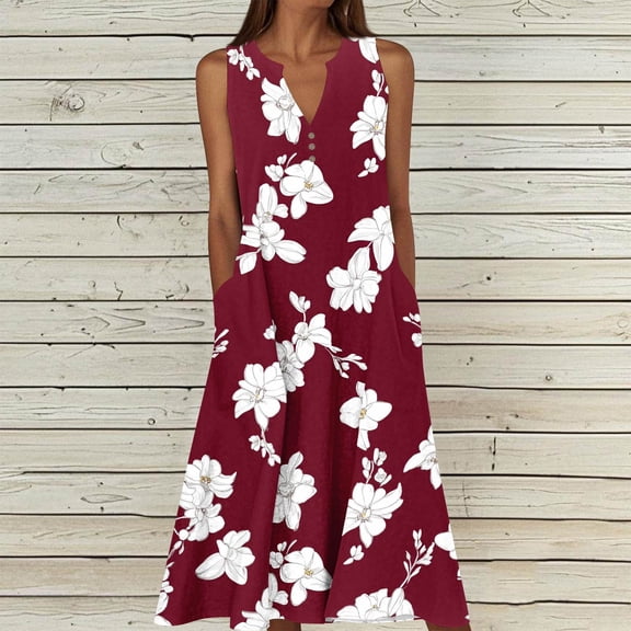 Odbmxy Tank Sun Dresses for Women Plus Size V-Neck Summer Women's Midi Dress Loose Vintage A-Line Floral Vacation Dress