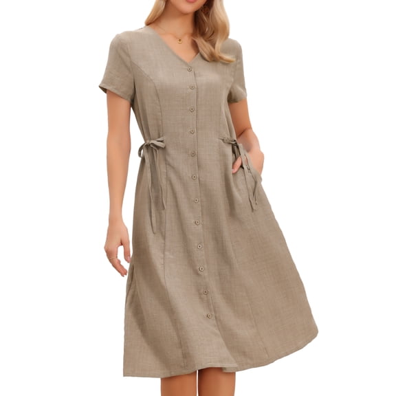 DARING DIVA Women's A-Line Linen Button Down V Neck Short Sleeve Midi Dress XS Khaki