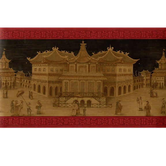 Trimz Golden Pagoda Oriental Chinoiserie Wallpaper Border, Pre-pasted, 15' L x 10.25"W