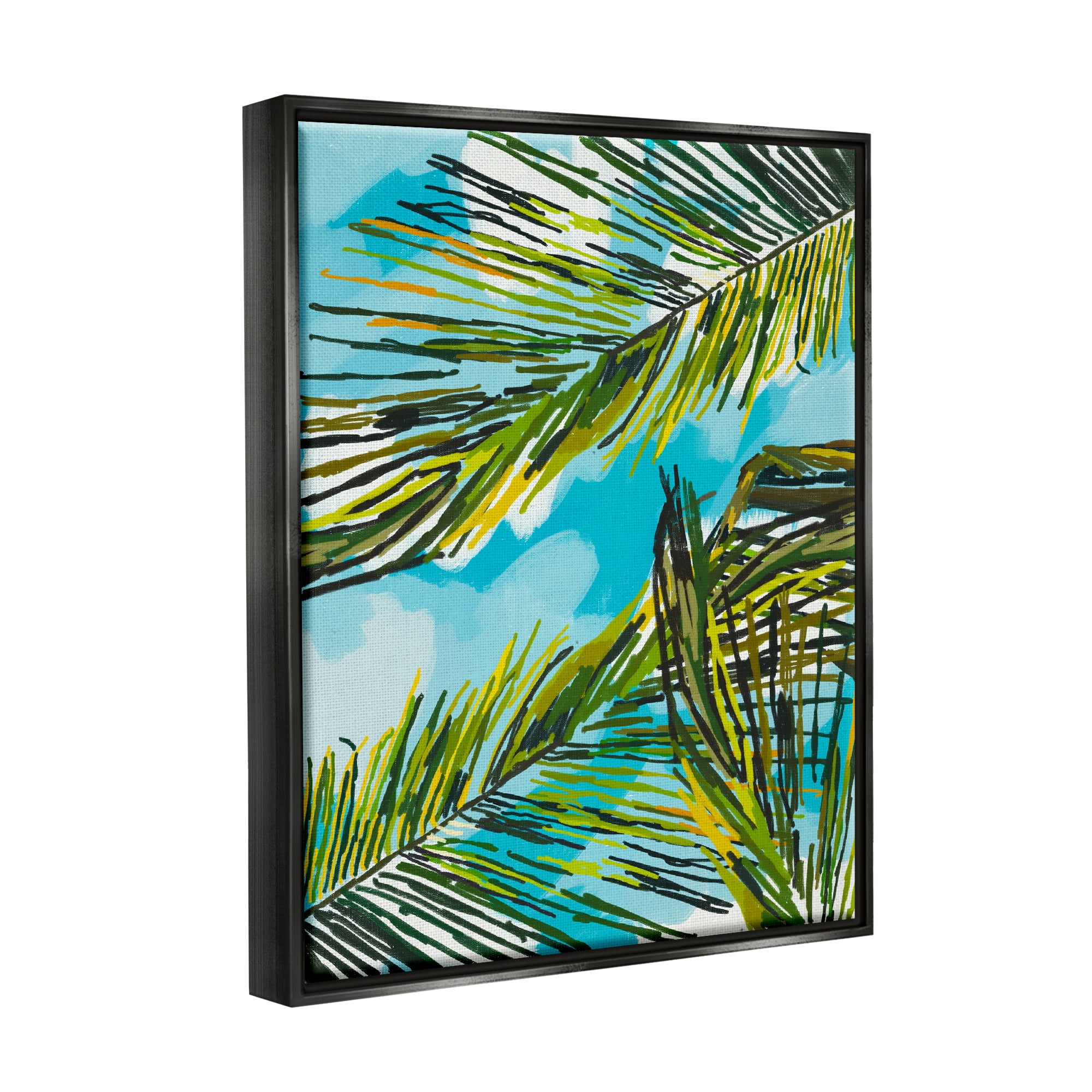 Stupell Industries Palm Leaves Blue Sky Botanical & Floral Painting Black Floater Framed Art Print Wall Art, 25 x 31