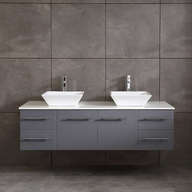 Totti Wave 72 Inch Gray Modern Double, Double Sink Vanity Top 72