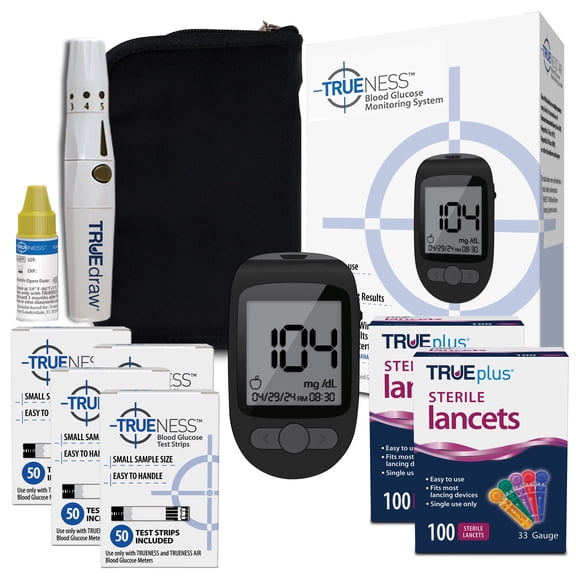 TRUENESS Blood Glucose Meter Kit, 200 Test Strips, 200 Lancets, Lancing Device, Control Solution