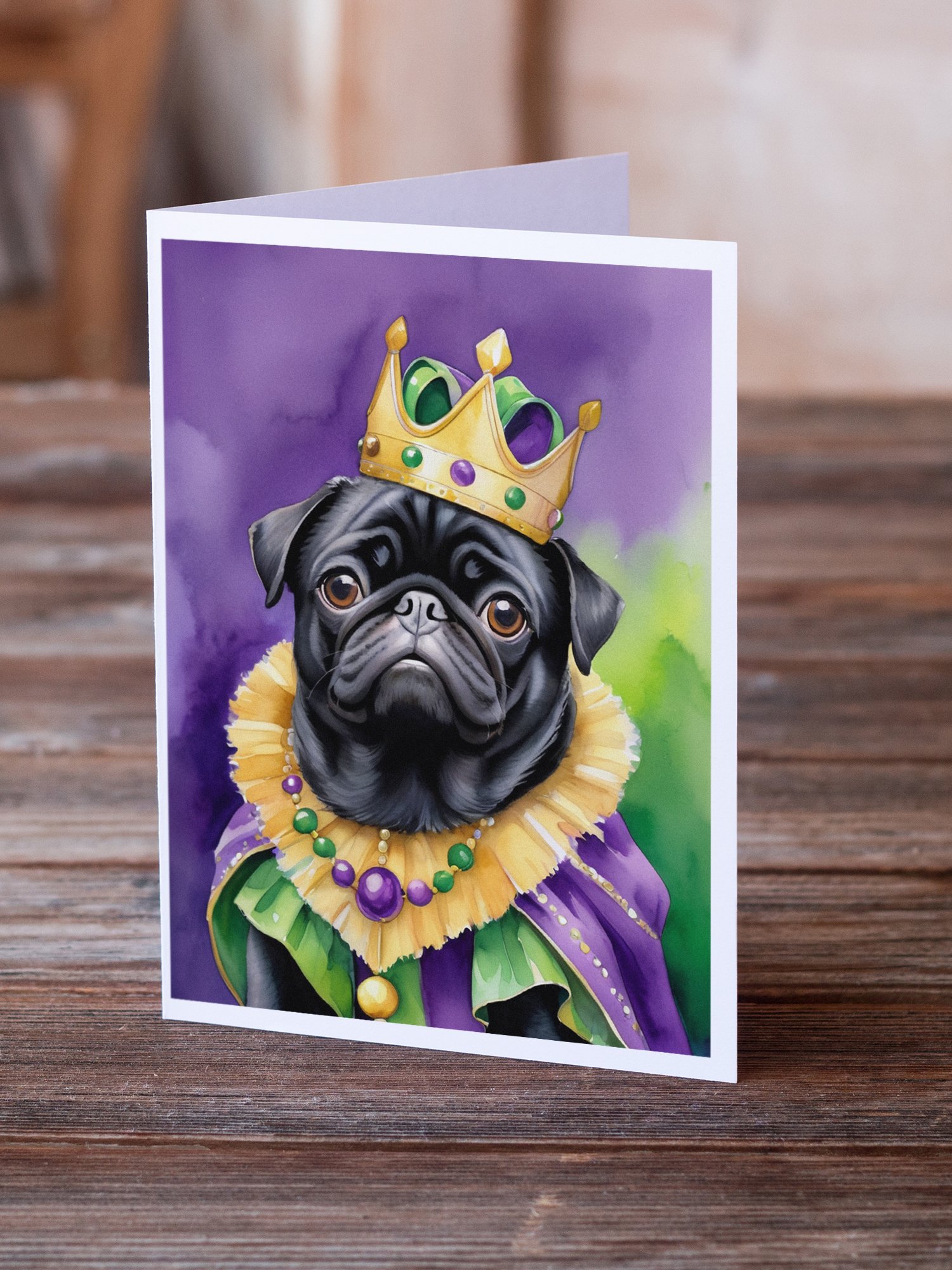Black Pug King of Mardi Gras Greeting Cards Pack of 8 7 in x 5 in