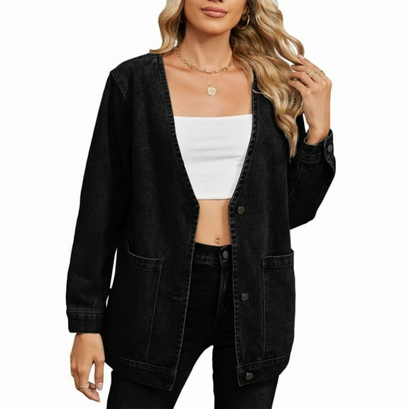 Women Fall Fashion Button Down Denim Cardigan Jackets Trendy V Neck Long Sleeve Jean Winter Coat Outerwear Black L