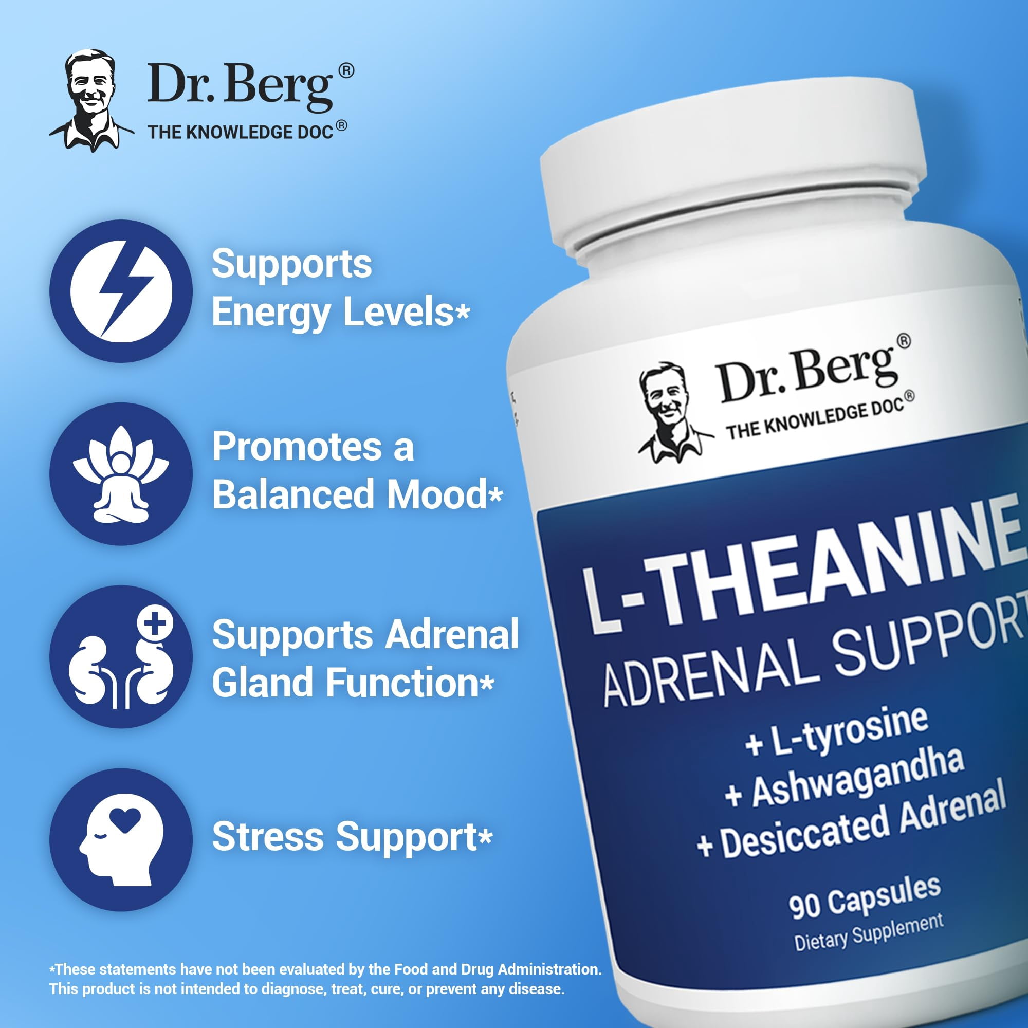 Dr. Berg L-theanine Adrenal Support 200mg – Stress Relief & Sleep Supplement, 90 Capsules