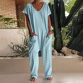 thumbnail image 2 of Harem Jumpsuits For Women Casual V Neck Short Sleeve Romper Baggy Loose Fit Wide Leg Overalls with Pockets One Piece Onesie, 2 of 4
