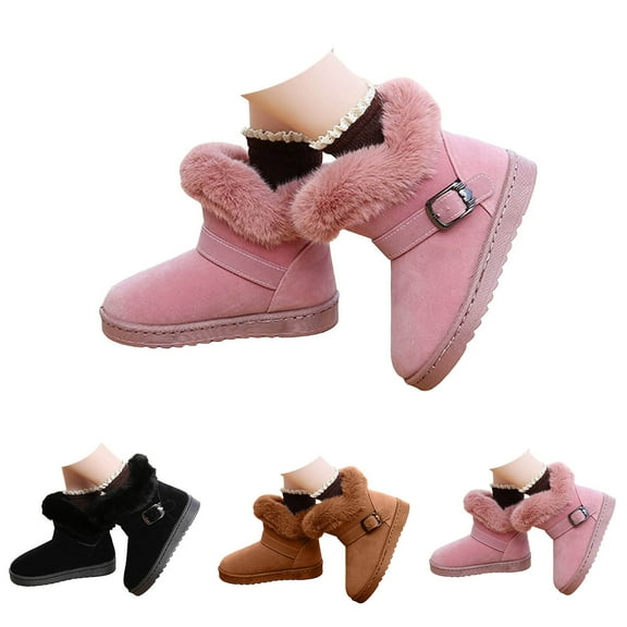 Dakaela Girls Winter Snow Boots Suede Warm Fleece Lined Mid Calf Booties Non Slip Plush Outdoor Ankle Fall Boots Black 9.5