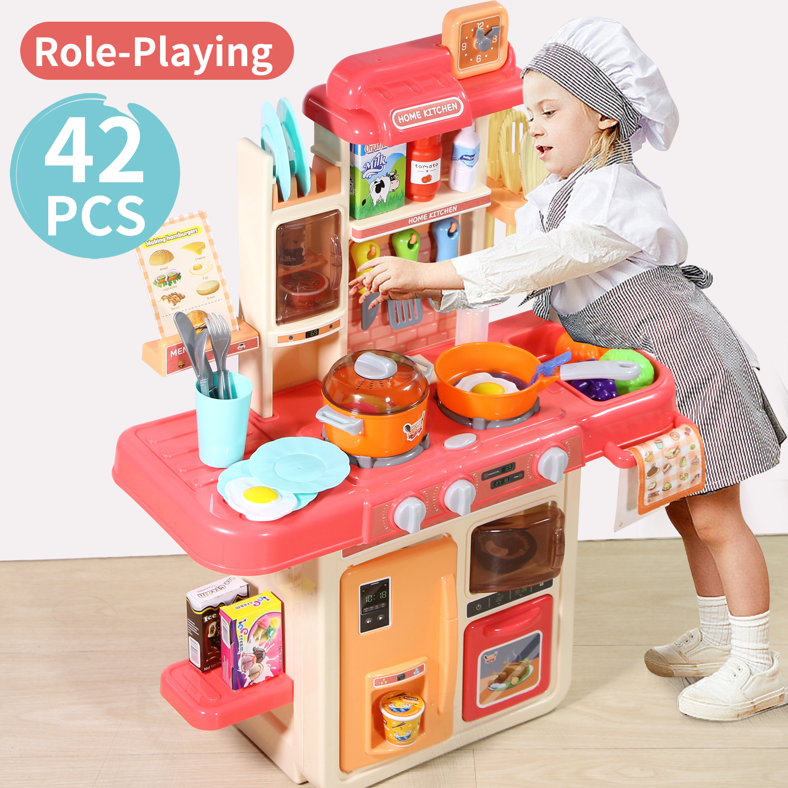 NETNEW 45 PCS Kitchen Playset Kids Kitchen Toys for Girls 3-6 Years with Realistic Lights and Sounds,Pretend Food Steam Play Food Accessories