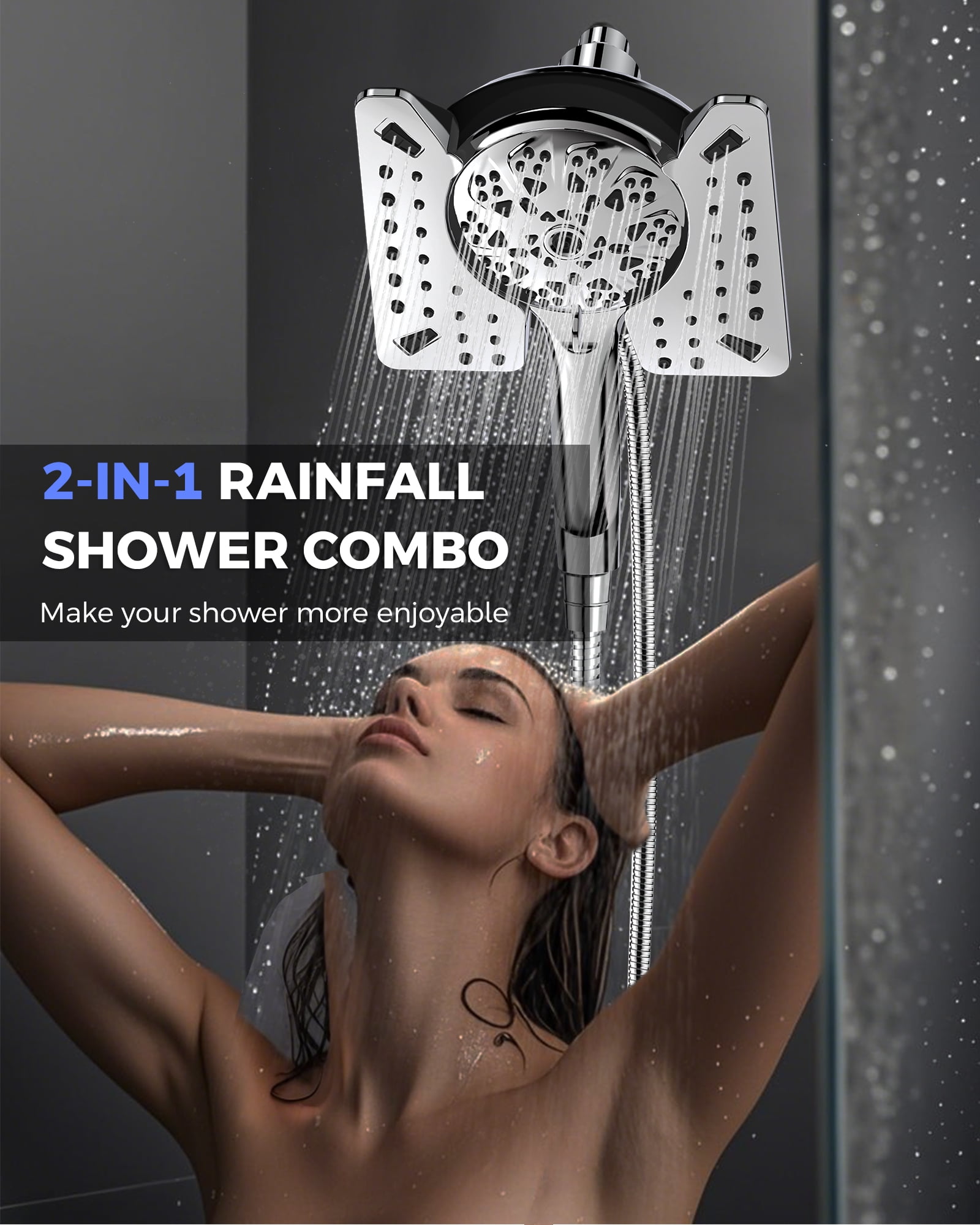 Hodvit 2 in 1 Shower Head Combo, High Pressure Rain Shower Head and Handheld Shower Head with 10 Spray Modes, 60" Stainless Steel Hose