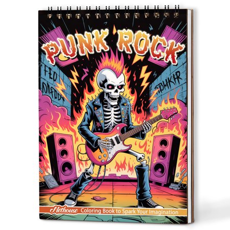 NETHOUSE Punk Rock Coloring Book Spiral Bound for Adults, A5 Wooden Cover, 30 Rebel Coloring Pages of Rock N Roll Style for Stress Relief and Relaxation