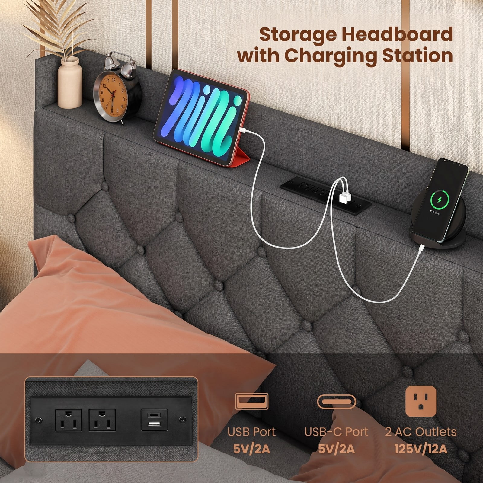 Furnibear Queen Size Bed Frame Upholstered Floating Platform Bed with LED Lights, Storage Headboard and Charging Station, Gray