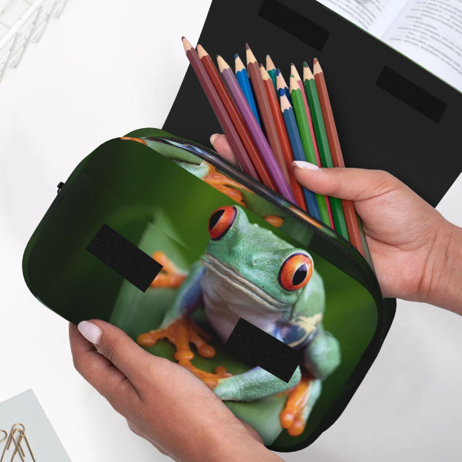 Rateoe Red-Eyed Tree Frog Pattern Double Clamshell Pen Case, Storage Organizer with Two Zipper Compartments– Holds Up to 50 Pencils & Pens