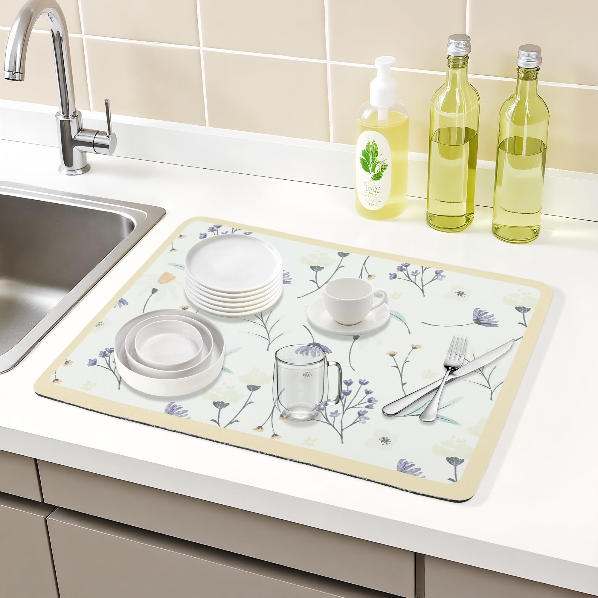 Unique Bargains Floral Quick Dry Dish Drying Mats for Kitchen Light Orange 19.7*15.7 inch