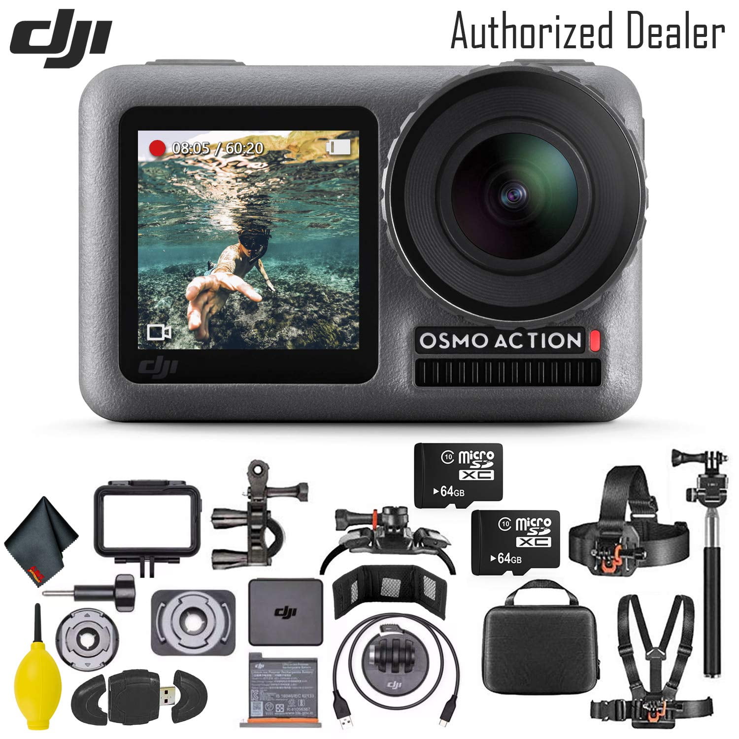 DJI Osmo Action 4K Camera - 64GB MicroSD Memory Card x2 - Mounting