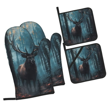 

Pofeuu Mystical Forest Elk Print Oven Mitts and Pot Holders 4 pcs Set High Heat Resistant 500 Degree Extra Thicken Long Kitchen Cotton Oven Glove for Cooking