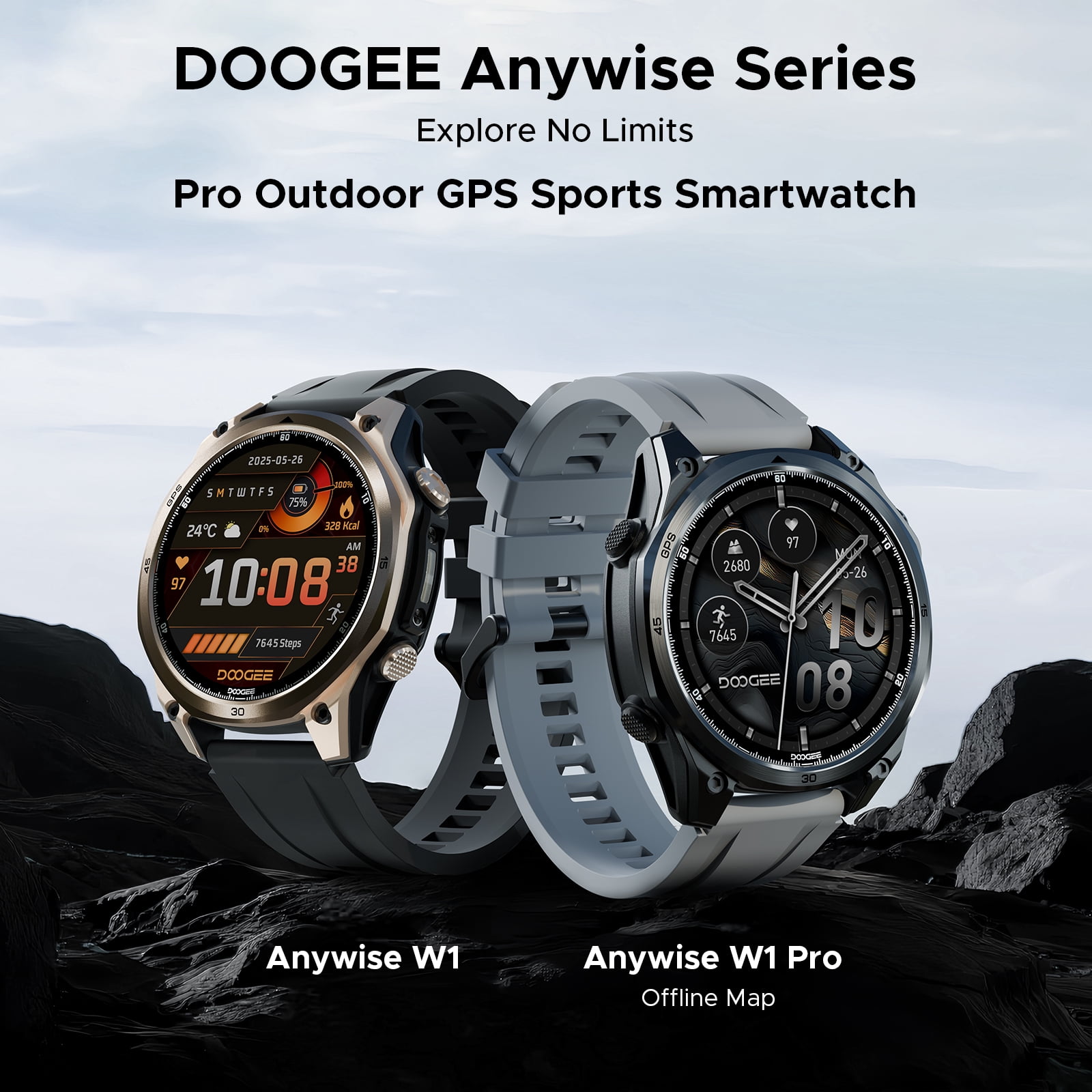 DOOGEE Anywise W1 Pro Mens Smart Watch, 5ATM Dual-Band GPS Offline Maps,1.43" Fitness Smartwatches for Android Phone/iPhone Compatible,170+ Sports Modes, Answer/Make Calls/12 Days Battery/2 Strap