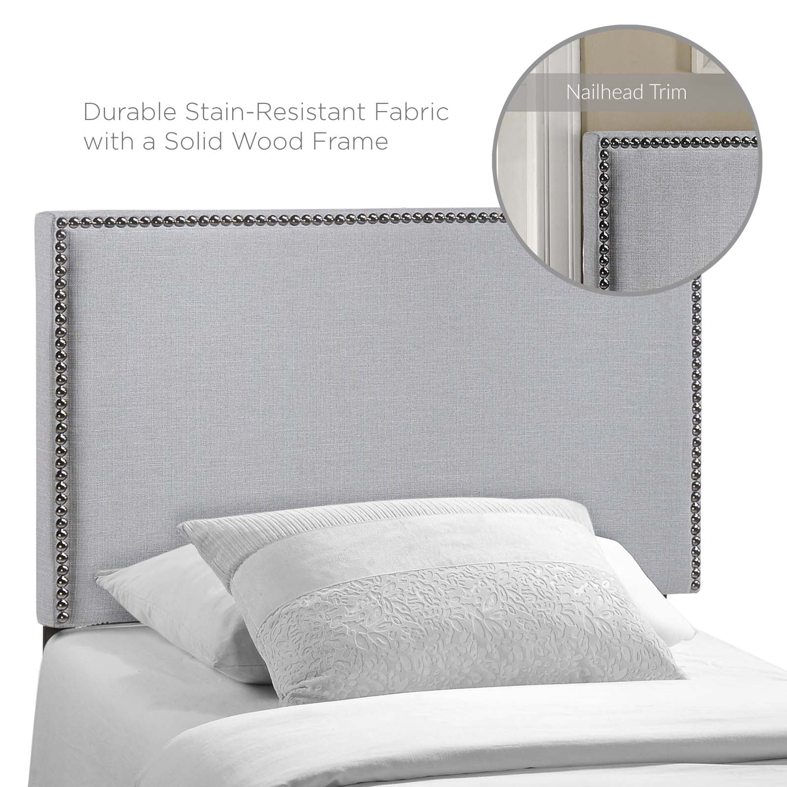 Modway Region Nailhead Twin Upholstered Linen Fabric Headboard in Sky Gray