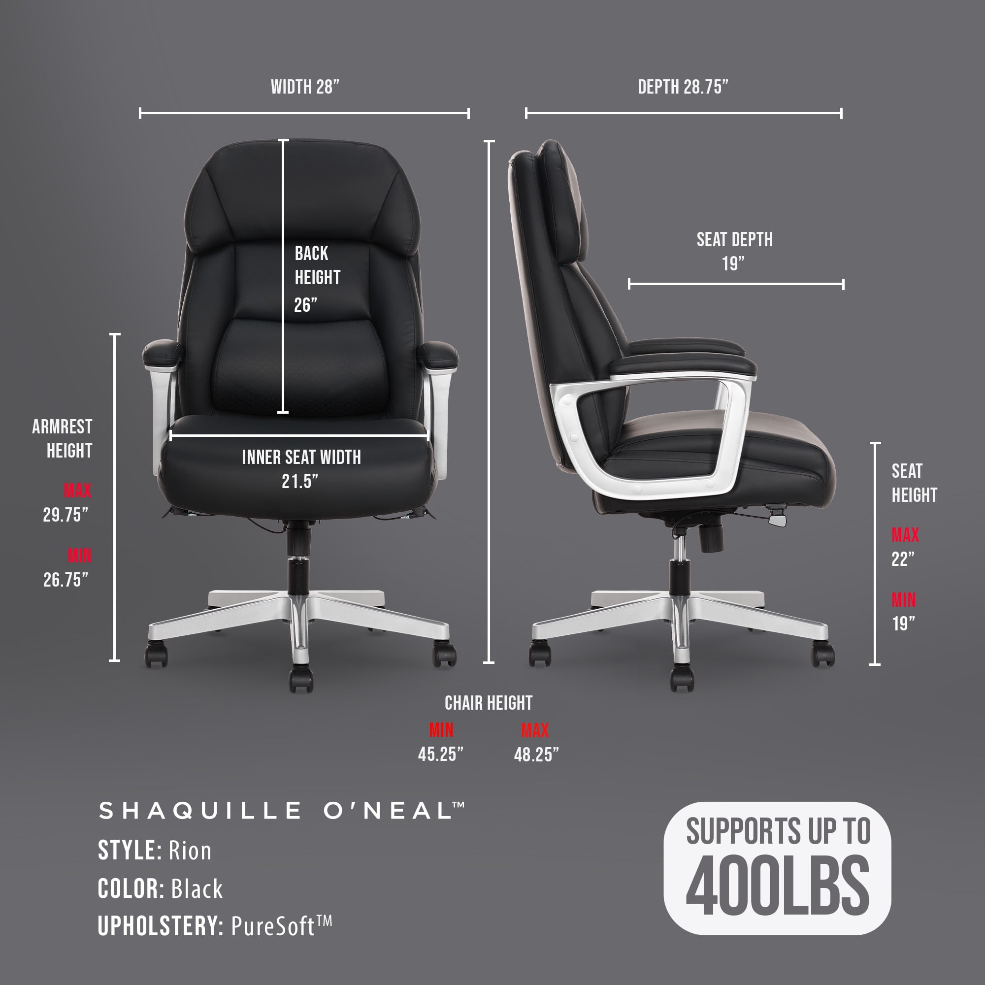 Shaquille O'Neal Rion Ergonomic Heavy-Duty Office Chair, PureSoft Upholstery, High-Back Desk Chair with 400 lb Capacity, Black
