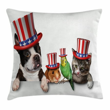 Fourth of July Throw Pillow Cushion Cover, Cute Pet Animal Dog Cat Bird and Hamster with American Hat Celebration Image, Decorative Square Accent Pillow Case, 16 X 16 Inches, Multicolor, by
