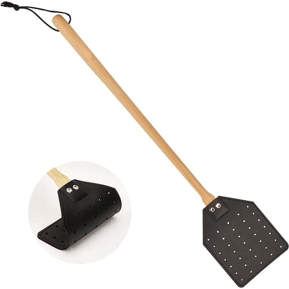 NOGIS Heavy Duty Leather Fly Swatter Black with Bench Wood Handle 19.5" Length, Fly Catcher and Insects Catcher with Ease (Black)