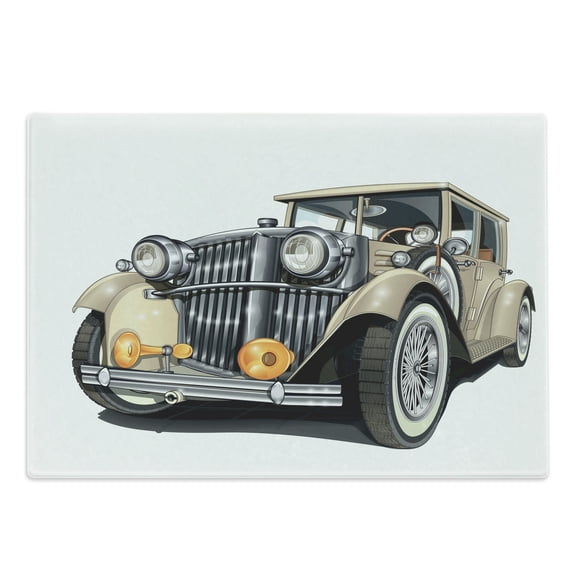 Cars Cutting Board, Vintage Vehicle Design Retro Car Hand Drawn Digital Classical Automobile Print, Decorative Tempered Glass Cutting and Serving Board, Large Size, Eggshell Grey, by Ambesonne
