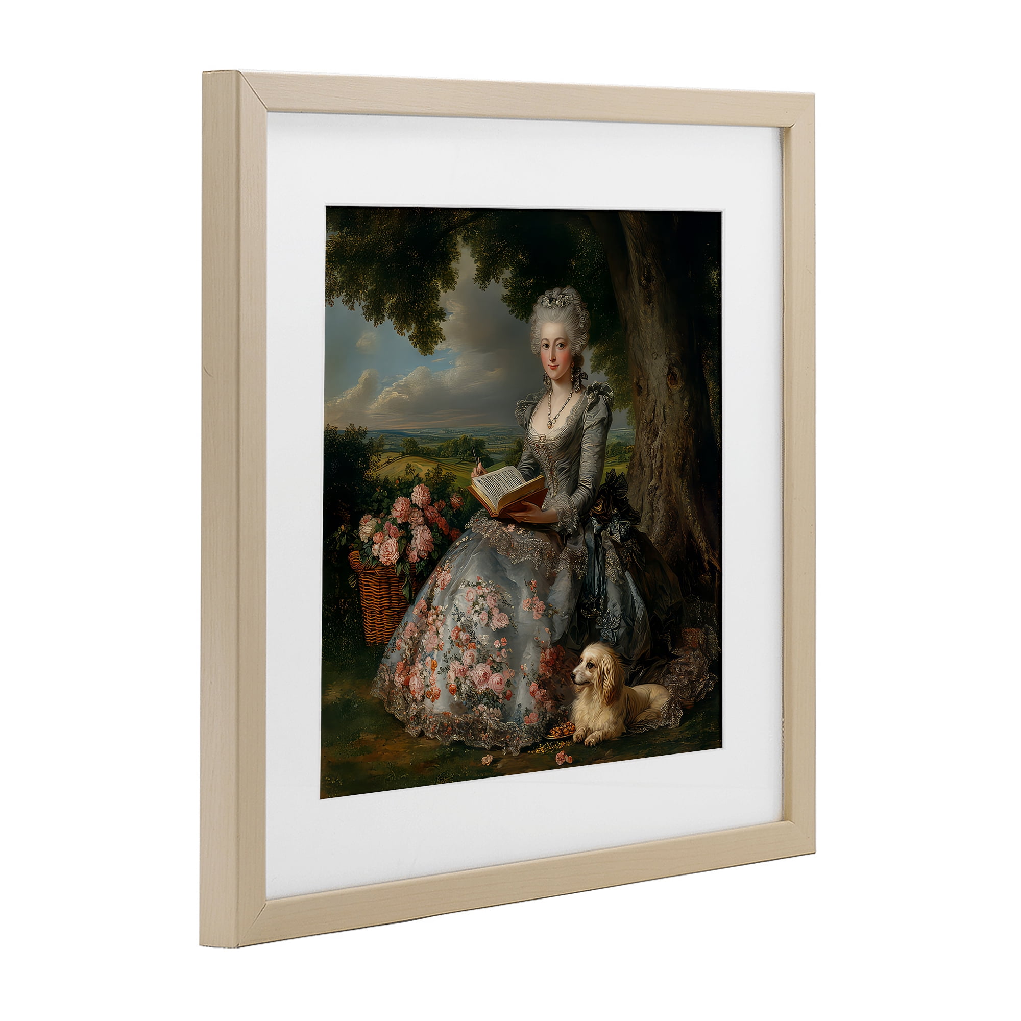 Stupell Industries Reading Rococo Lady with Dog Birch Framed Print Under Glass, design by The Wands Want