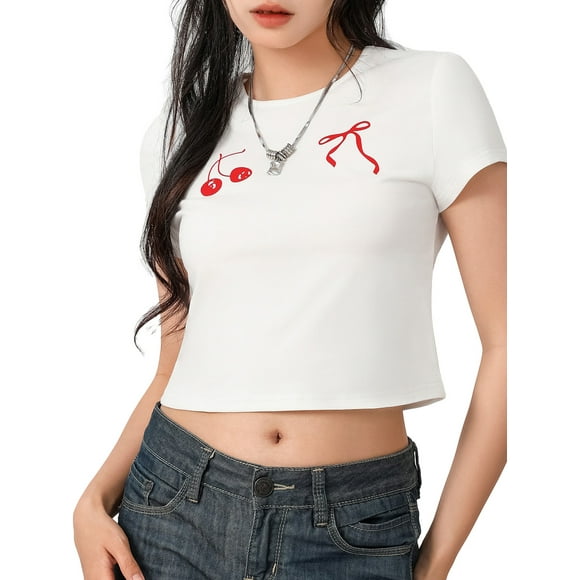 EYIIYE Women Crop Basic T-Shirts Ladies Summer Short Sleeve Shirt Bow/Fruit Print Crew Neck Tops Casual Pullovers for Streetwear Aesthetic Clothes