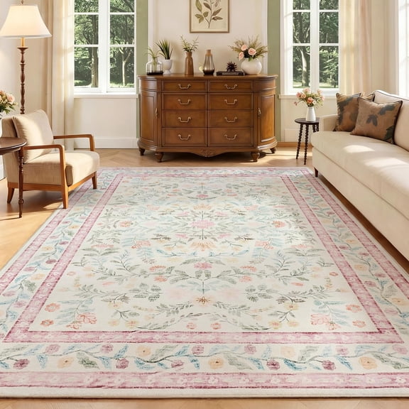 Area Rug 9x12 for Living Room, Washable Floral Low Pile Rug, Soft Non Slip Carpet for Living Room, Bedroom, Dining Room, Pink