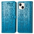 thumbnail image 2 of Allytechgroup Flip Wallet Case [Cat & Dog Cute Embossed Pattern] for iPhone 14 Plus with Card Slots Cash Holder, Magnetic Clasp Shockproof Kickstand Cover with Hand Strap, Blue, 2 of 9