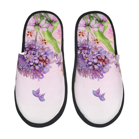 Balery Flowers And Colorful Butterflies Slient Indoor Furry Fleece Comfort House Shoes Soft Non-Slip Home Shoes Cotton slippers House Slippers-- Large