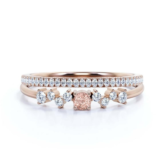 Beautiful Anniversary Gift Minimalist 1.15 Carat Round Morganite And Diamond Moissanite Engagement Ring, ZigZag Style Wedding Band in 10k Solid Rose Gold, Promise Ring, Bridal Set, Matching Band