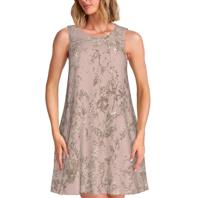 Sikiie Robe Sans Manches à Texture Marbre Rose Doré pour Femmes avec Poches Col Rond Robe d'Été, Adaptée pour Usage Quotidien, Bureau, Vacances Été