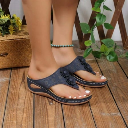 

Wedge Sandals for Women Clearance Fish Mouth Clip Toe Slippers Summer Flip Flops Shoes Vingtage Orthotic Sandals with Arch Support Flowers Bohemian Walking Orthopedic Sliders