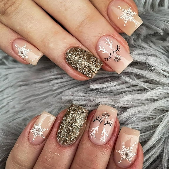 Christmas Press on Nails Medium Square Fake Nails Pink Full Cover White&Glitter Swirl False Nails with Designs Gold Glitter Glossy Glue on Nails Artificial Nails for Women Girls 24Pcs Christmas